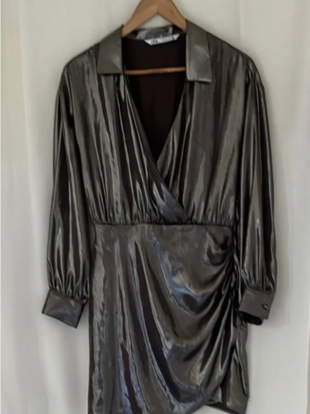 Zara Metallic Silver Wrap-Style Dress